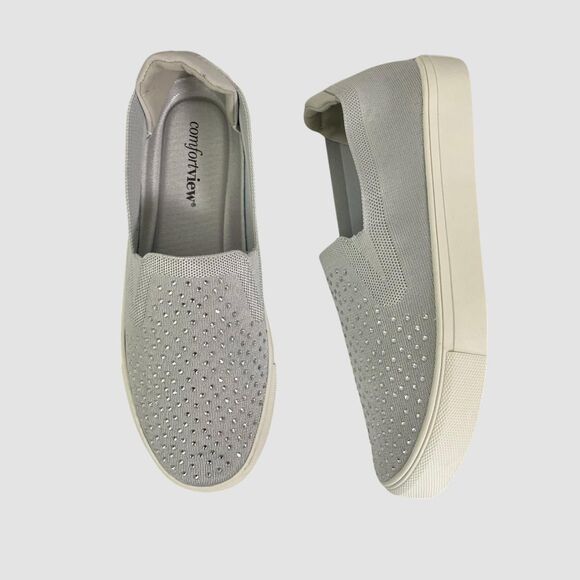 Cute Rhinestone Coquette Gray Silver Pull On Slip On Sneaker US 9 Comfort View - Picture 1 of 8